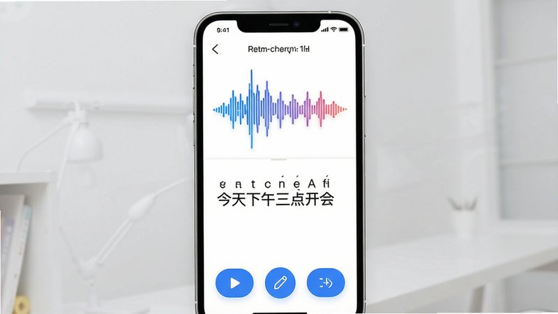 主体:cherries聊语音转文字功能界面,布局:一个手机屏幕,上方显示语音波形图,中间有一段转换后的文字“今天下午三点开会”,下方有播放、编辑、转发按钮。排版:纵向居中,元素间距均匀。风格:现代简洁,白色背景,蓝色主题色。细节:波形图动态颜色渐变,文字有拼音标注。画质:1080p、干净、无多余元素。