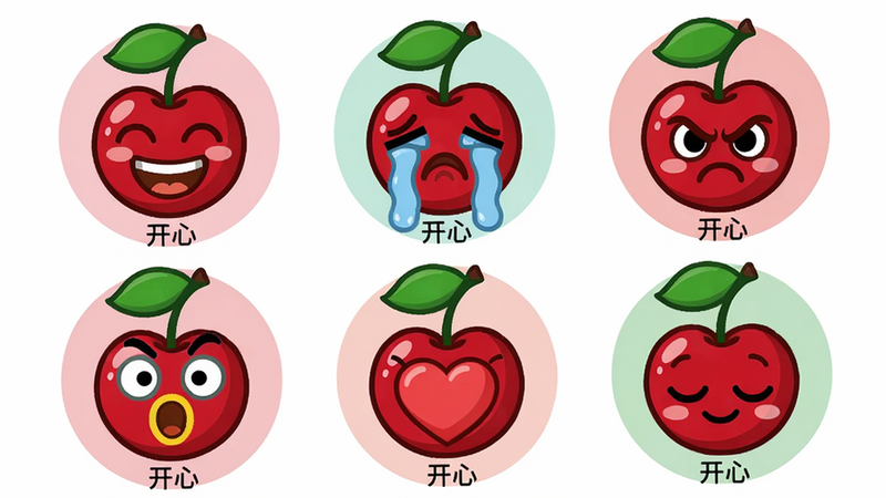 主体:cherries聊表情包展示,布局:画面中央排列六个樱桃表情,每个表情不同情绪(笑、哭、怒、惊讶、爱心、睡觉)。排版:2行3列网格,每个表情有半透明圆形背景。风格:卡通、明亮色彩、高饱和度,樱桃果实上画着表情符号。细节:每个表情下方有文字标签如“开心”。画质:矢量图风格、干净、无多余元素。