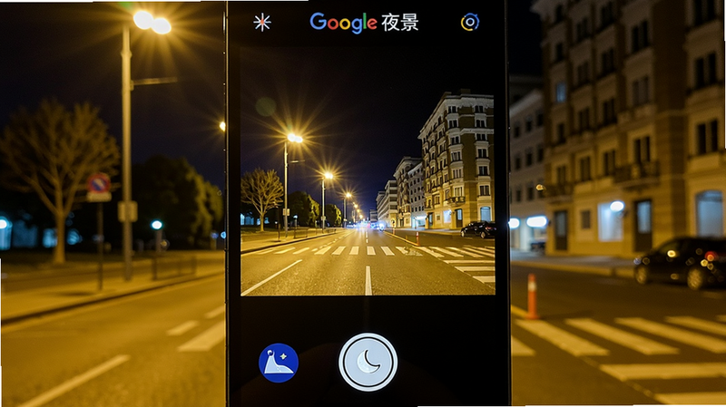 主体:夜晚室外场景,手机拍照界面显示夜景模式,取景框内是明亮清晰的街道灯光和建筑。布局:界面底部有夜景模式图标,快门按钮周围有月亮图标。排版:顶部显示谷歌相机 夜景字样。风格:写实夜景摄影,细节:灯光无眩光,暗部有细节,画质:4K超清,干净无多余元素。