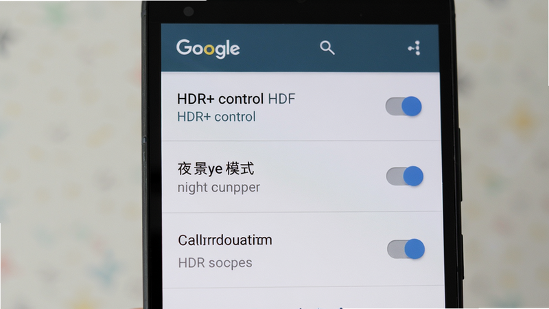 主体:手机屏幕显示谷歌相机设置界面,选项包括HDR+控制、夜景模式等。布局:列表形式,每个选项右侧有开关。排版:顶部有设置标题。风格:干净简洁,细节:选项文字清晰,画质:高清,无多余元素。