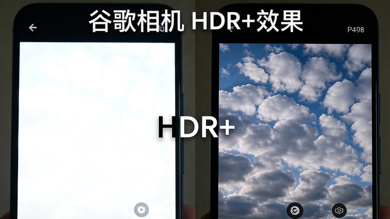 主体:手机屏幕展示谷歌相机HDR+开启前后对比图,左边过曝右边细节丰富。布局:左右分屏对比,中间有HDR+字样。排版:上方标题谷歌相机 HDR+效果。风格:真实对比,细节:左边天空发白,右边云彩纹理清晰,画质:高清晰度,干净无多余元素。