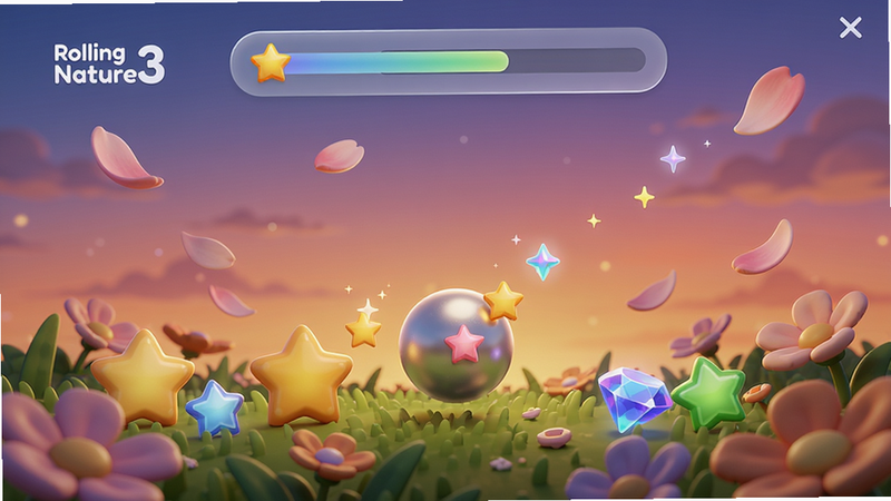 主体为“Rolling Nature3”收集界面,一个小球在花丛中收集星星和宝石,屏幕上方显示收集进度条,背景是渐变色的黄昏天空,UI采用半透明毛玻璃风格,卡通渲染,细节包括花瓣飘落和星星闪烁,画质高清,干净无多余元素。