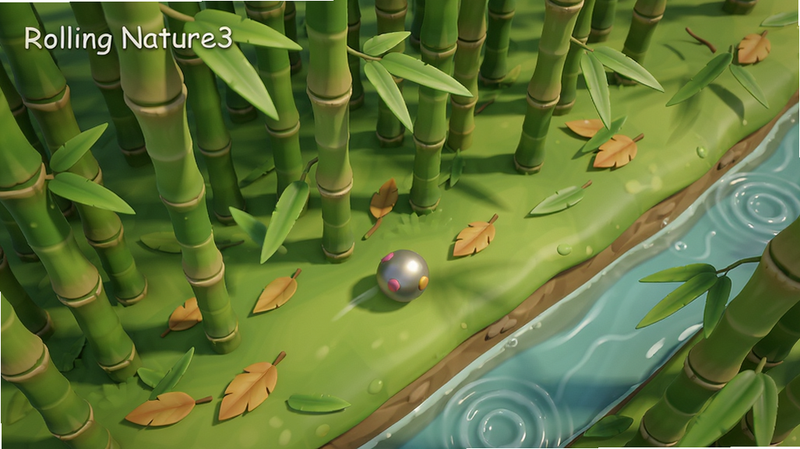 主体为“Rolling Nature3”游戏中的竹林场景,一个小球在翠绿竹林中沿斜坡滚动,竹叶随风飘动,地面有落叶和溪流,画面采用俯视视角,卡通渲染风格,色彩柔和,细节包括竹节纹理和水面波纹,画质高清,干净无多余元素。