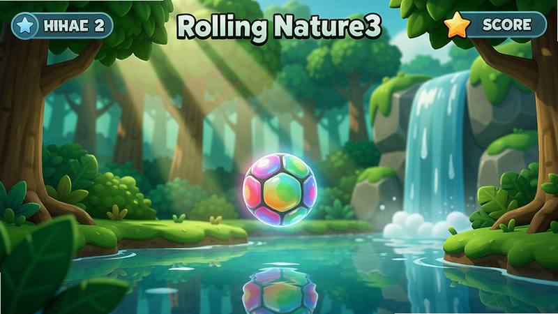 主体为“Rolling Nature3”游戏主画面,一个发光彩色小球位于画面中央,背景是翠绿森林与瀑布,阳光透过树叶形成丁达尔效应,UI清爽显示关卡编号和得分,卡通渲染风格,色彩明亮饱和,构图平衡,细节丰富如树叶纹理和水面反光,画质高清,画面干净无多余元素。