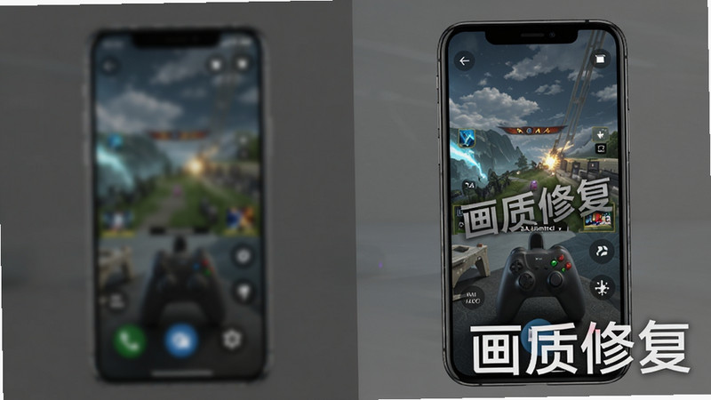 3A云游戏-秒进修改修复 画质修复对比图,主体为左右分屏对比,左侧手机画面模糊,右侧手机画面清晰细腻,布局左右对称,风格对比强烈,细节:右侧画面有“画质修复”字样水印,画质超清,背景为纯色,干净无多余元素