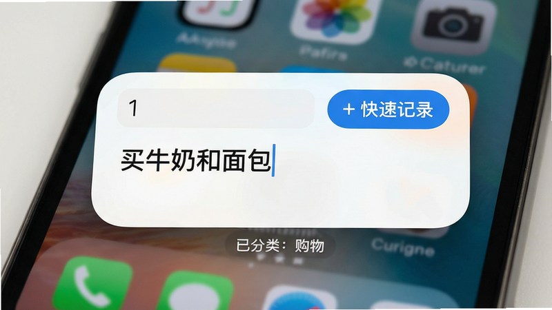 主体:手机屏幕展示轻便签的桌面小部件,小部件占据半个屏幕,内部有输入框和“+快速记录”按钮,输入框中写着“买牛奶和面包”。布局:背景是手机桌面,其他应用图标模糊处理,突出小部件。风格:写实+扁平,光线柔和。细节:小部件四周有圆角,下方显示“已分类:购物”的提示文字。画质:4K分辨率,干净无杂物。