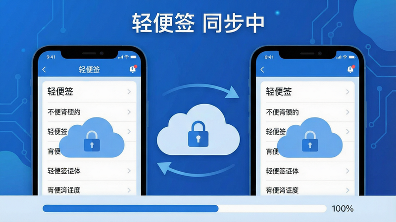 主体:两台手机并排放置,左边手机显示轻便签的笔记列表,右边手机显示同样内容,中间有云朵和箭头表示同步。布局:上下结构,顶部有“轻便签 同步中”字样,底部有进度条显示100%。风格:科技感扁平插画,蓝色为主色调。细节:云朵图标内带锁图案,表示加密。画质:高清,色彩搭配舒适。