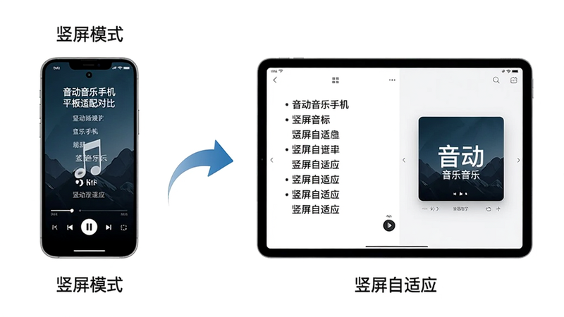 主体:音动音乐手机与平板适配对比图;布局:左侧是竖屏手机显示完整播放界面,右侧是横屏平板显示歌词与封面分栏;排版:并排对比,中间有弯曲箭头表示设备切换;风格:干净的技术示意图,白色背景;细节:手机屏幕标注“竖屏模式”,平板屏幕标注“横屏自适应”;画质:4K,无多余元素。