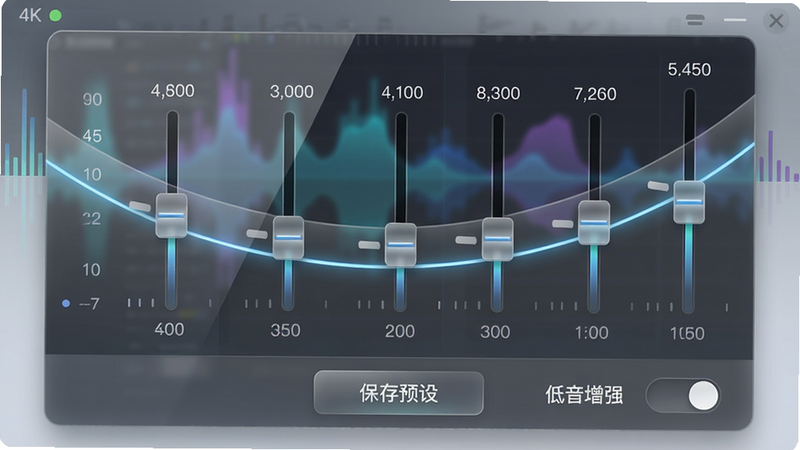 主体:音动音乐均衡器调节界面;布局:均衡器滑块呈从左到右的曲线排列,底部有“保存预设”按钮和“低音增强”开关;排版:滑块数值直观显示,频率标注在滑块上方;风格:半透明玻璃质感,背景是音乐频谱动画;细节:滑块拖拽时有发光跟踪线,频率刻度清晰;画质:4K超清,干净无多余元素。