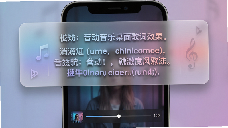 主体:音动音乐桌面歌词效果;布局:手机屏幕顶部悬浮半透明歌词栏,歌词随音乐节奏高亮当前行;排版:单行居中显示,歌词行之间留有呼吸间距;风格:毛玻璃效果,文字带有柔和阴影;细节:歌词背景可调渐变,底部有歌曲进度条缩略图;画质:高清流畅,无多余干扰元素。