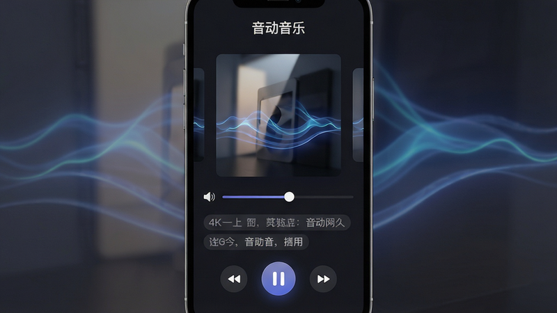 主体:音动音乐应用界面展示;布局:手机屏幕居中,顶部显示应用名称“音动音乐”,中部为专辑封面与播放进度条,底部有播放/暂停、上一曲/下一曲按钮;排版:简洁扁平化,列表与卡片式结合;风格:现代极简,暗色背景搭配动态波纹光效;细节:专辑封面带有光影反射,音量滑块高亮显示,歌词滚动半透明;画质:4K超清,干净无多余元素。