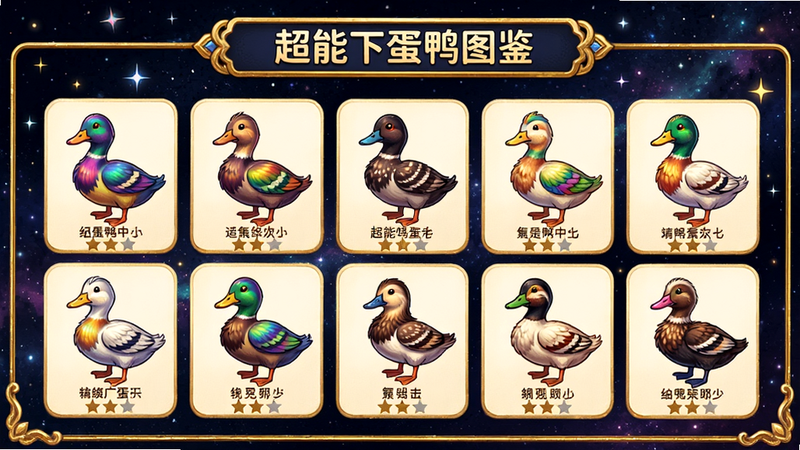 主体:超能下蛋鸭图鉴界面,展示一排稀有鸭子品种,每只鸭子下方标注名称和星级;布局:网格排列,背景为星空;排版:整齐统一;风格:插画风;细节:鸭子羽毛色彩渐变,图鉴边框有金边;画质:高清,无多余元素
