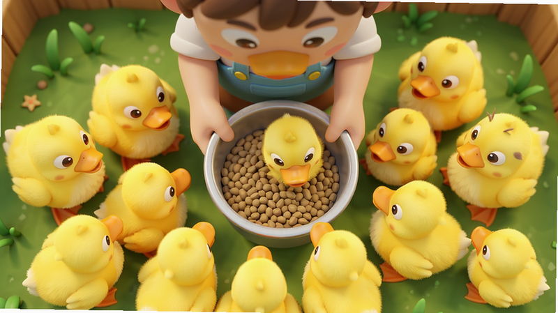 主体:超能下蛋鸭游戏中喂养鸭子的场景,玩家手持饲料盆,一群小黄鸭围拢;布局:俯视视角,人物与鸭子互动;排版:画面饱满,鸭子形态各异;风格:清新卡通;细节:饲料颗粒可见,鸭子毛茸茸;画质:细腻柔光,无多余元素