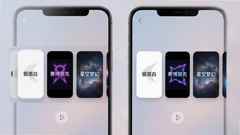 Luna一键主题切换界面,手机屏幕左右滑动展示不同主题预览卡片,卡片上显示“极简白”“赛博朋克”“星空梦幻”等字样,背景柔和,画质高清