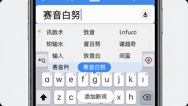 主体:讯诺蒙古文输入法智能联想功能展示。布局:手机屏幕上半部分显示输入框,内容为“赛音白努”,下方键盘上方候选区列出多个蒙文词组。排版:候选词按使用频率排序,当前选中词高亮。风格:干净清爽,字体清晰。细节:候选区底部有“添加新词”按钮。画质:细腻精致。