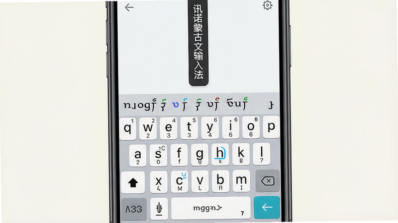 主体:讯诺蒙古文输入法应用界面截图。布局:手机屏幕居中展示输入法键盘,键盘上方有蒙古文候选词条,背景为简洁的浅色调。排版:键盘布局清晰,字母与蒙古文字符对应标注。风格:扁平化UI,现代简约。细节:键盘顶部有竖排蒙文预览栏,显示“讯诺蒙古文输入法”字样。画质:高清晰度,色彩干净,无多余元素。