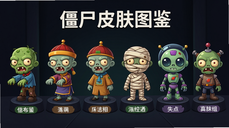主体:一排不同造型的僵尸角色展示,包括绿皮僵尸、中国清朝僵尸、木乃伊、太空僵尸等,每个角色脚下有名字标签。布局:横向排列,角色大小均匀,背景为深色展示台。排版:整齐,角色之间有间隔,上方有标题“僵尸皮肤图鉴”。风格:卡通可爱,色彩丰富,细节精致。画质:高清,干净无多余元素。
