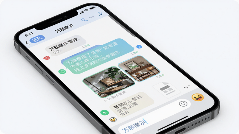 主体:手机屏幕展示万联摩尔聊天界面,多条消息包括文字、图片和文件,底部有输入框和表情按钮,左上角有“团队”标签,布局清晰,配色柔和,扁平现代风格,细节有已读标识,高清画质,干净无多余元素。