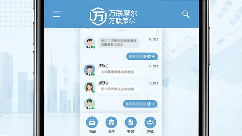 主体:一部智能手机屏幕显示万联摩尔主界面,顶部有“万联摩尔”logo和标题,中间是聊天列表和功能图标,背景为淡蓝色商务风格,布局整洁,排版对称,扁平化设计,细节包括消息气泡、头像等,高清画质,干净无多余元素。