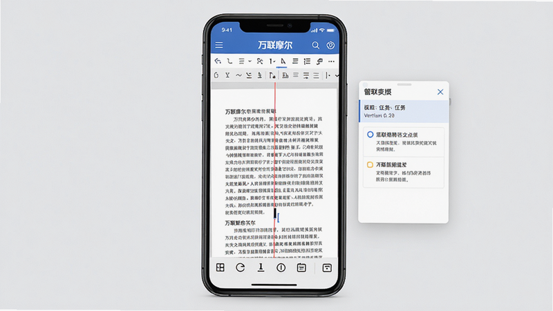主体:手机屏幕显示万联摩尔的文档编辑界面,顶部有导航栏,中间是编辑中的文档内容,底部有工具栏,右侧悬浮任务看板的小窗口,背景浅灰,布局双栏,风格简洁商务,细节包括编辑光标和版本号,高清画质,干净无多余元素。
