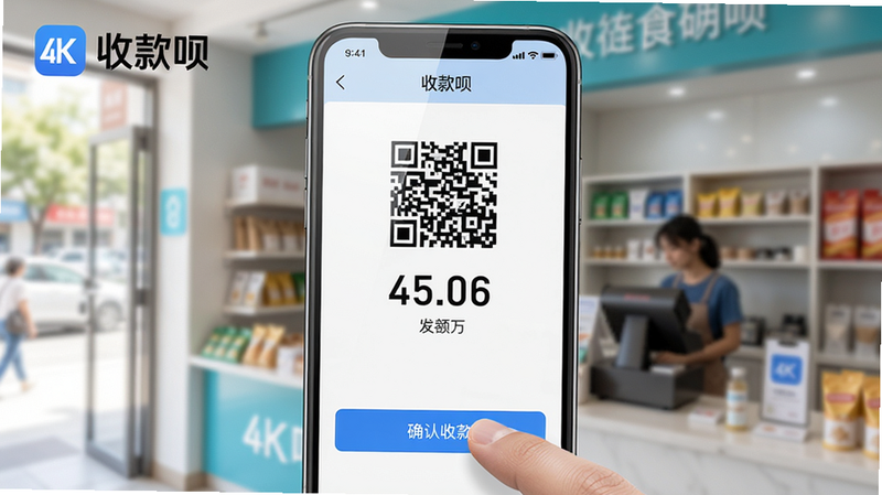 主体:收款呗手机界面展示支付流程;布局:中心特写手机屏幕,左上角显示“收款呗”logo,背景为模糊的商铺环境;排版:手机居中,屏幕内显示二维码收款页面,金额数字突出;风格:写实商业摄影风格,光线明亮自然;细节:手指正在点击“确认收款”按钮,屏幕反射淡淡光泽;画质:4K超清,干净无多余元素