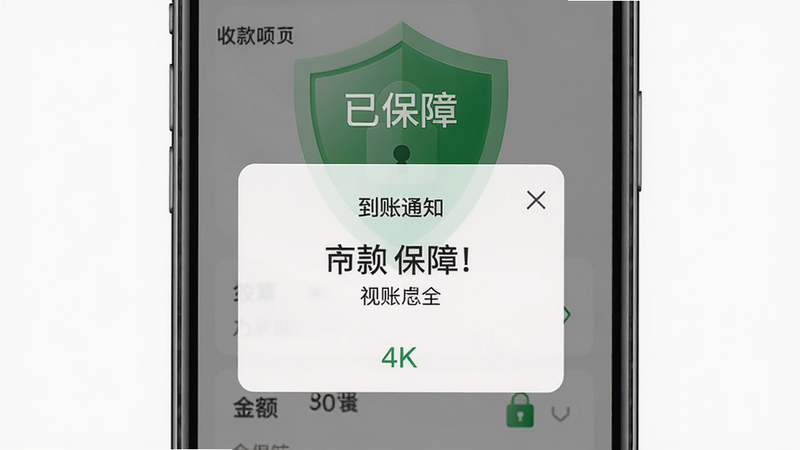 主体:收款呗资金到账安全提示;布局:手机屏幕显示“到账通知”弹窗,金额和商户名称;排版:弹窗居中,背景为绿色安全盾牌图标;风格:商务安全风格;细节:盾牌上有“已保障”字样,锁形图标;画质:4K干净无多余元素