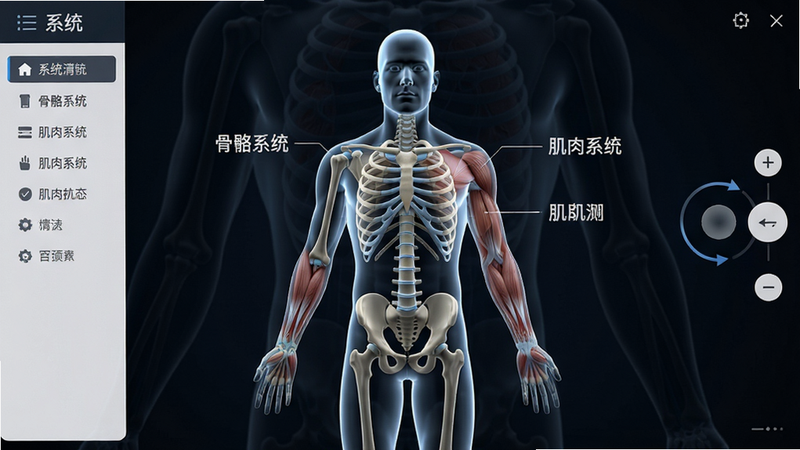 一极清水3D解剖主界面展示,画面中央是一个完整的人体半透明3D模型,男性,站立姿势,背景为深色医学风格。左侧有系统菜单栏,右侧有旋转缩放控制按钮。界面干净,文字标注“骨骼系统”“肌肉系统”等。渲染精致,光影真实,画质高清,无多余元素。