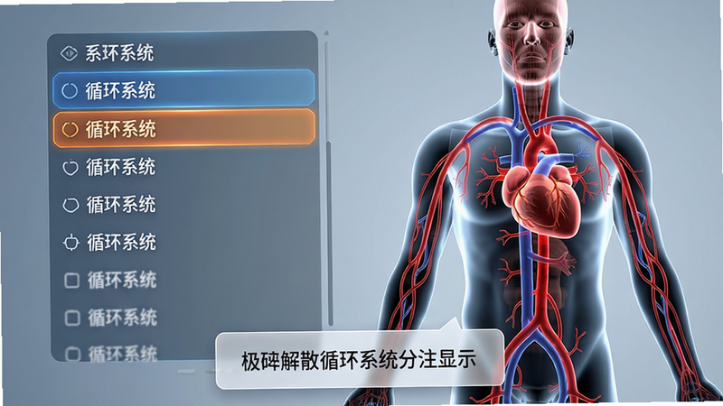 一极清水3D解剖循环系统分层显示,左侧系统列表高亮“循环系统”,右侧透明人体模型显示心脏和主要血管以红色突出。画面底部有文字说明弹出框。风格专业,干净清晰,画质高清。