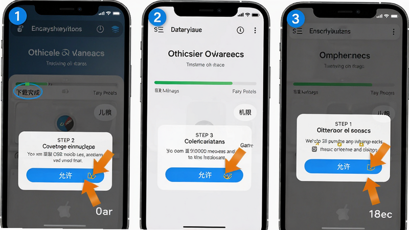 主体:凯迪仕管家安装步骤截图,手机屏幕显示下载完成、安装进度条、权限授予弹窗;布局:三张截图并列,每张带步骤编号;风格:高亮标注关键按钮;细节:箭头指示“允许”按钮,文字说明;画质:清晰锐利,无多余元素。