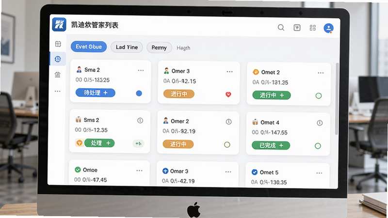 主体:凯迪仕管家工单列表页面,显示多个工单卡片,包含状态(待处理、进行中、已完成);布局:列表式排列,顶部有筛选标签;风格:商务简洁,蓝色调;细节:每个工单有编号、时间、优先级标记;画质:干净无噪点。