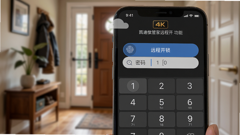 主体:凯迪仕管家远程开锁功能截图,手机界面显示“远程开锁”按钮和密码输入框;布局:手机屏幕特写,背景虚化为家庭玄关;风格:写实与扁平结合;细节:按钮有指纹图标,密码输入框带数字键盘;画质:4K清晰,无多余元素。