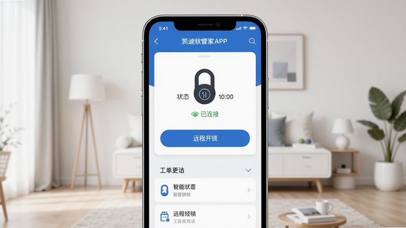 主体:凯迪仕管家APP界面展示,手机屏幕上显示智能锁状态、远程开锁按钮和工单列表;布局:手机居中,背景为简约智能家居场景;风格:扁平化UI设计,色彩以白色和蓝色为主;细节:界面元素清晰,有“已连接”状态标识,时间显示;画质:高分辨率,干净无多余元素。