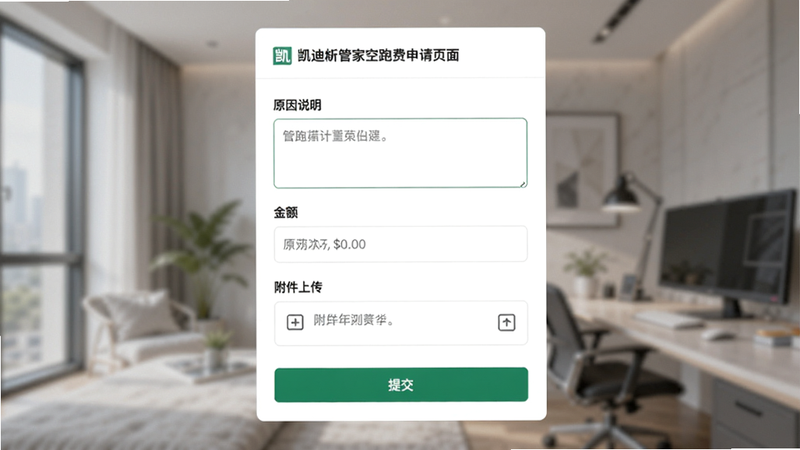 主体:凯迪仕管家空跑费申请页面,表单包含“原因说明”、“金额”、“附件上传”;布局:垂直表单,底部有提交按钮;风格:卡片式设计,白色背景;细节:输入框有示例文字,按钮颜色与品牌色一致;画质:高清无UI瑕疵。
