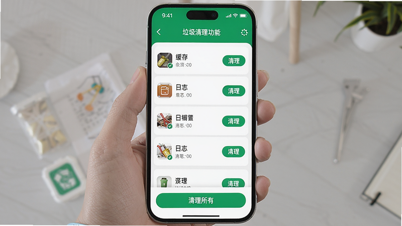 MoLiang垃圾清理功能界面,手机屏幕显示扫描结果列表,包含缓存、日志等分类,每个分类旁有清理按钮,底部有