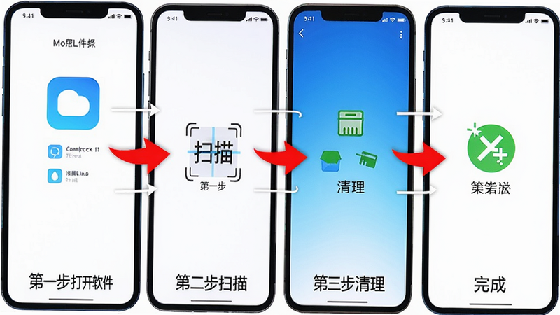 MoLiang使用教程步骤图,手机屏幕显示清理操作流程,分步骤箭头指示,第一步打开软件,第二步点击扫描,第三步选择清理,第四步完成,风格简洁,背景白色,箭头红色,画质清晰,干净无多余元素