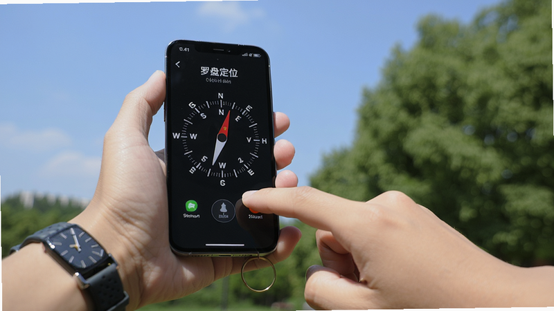 主体是用户手持手机在户外使用罗盘定位的实景照片,手机屏幕显示罗盘界面,背景为蓝天绿树,用户手指点击屏幕,布局自然,风格生活化,细节:手机屏幕清晰可见罗盘指针和文字,用户手腕佩戴手表,画质4K,干净无多余元素,文字“罗盘定位”
