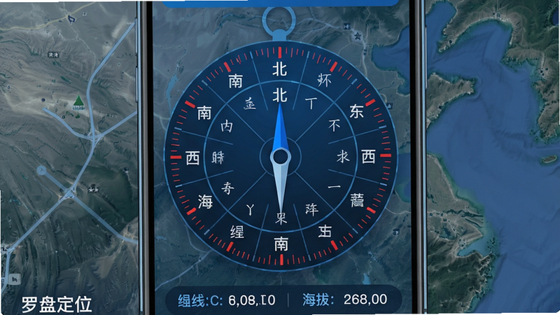主体是一部运行罗盘定位应用的智能手机,屏幕中央显示圆形罗盘刻度盘,指针指向正北,刻度盘上标有“北”“东”“南”“西”及二十四山汉字,背景为半透明的卫星地图,布局左右对称,风格现代简约科技蓝,细节:罗盘边缘有红色标记线,界面底部显示经纬度坐标和海拔数据,画质4K超清,画面干净无多余元素,文字部分用引号标注“北”和“罗盘定位”字样