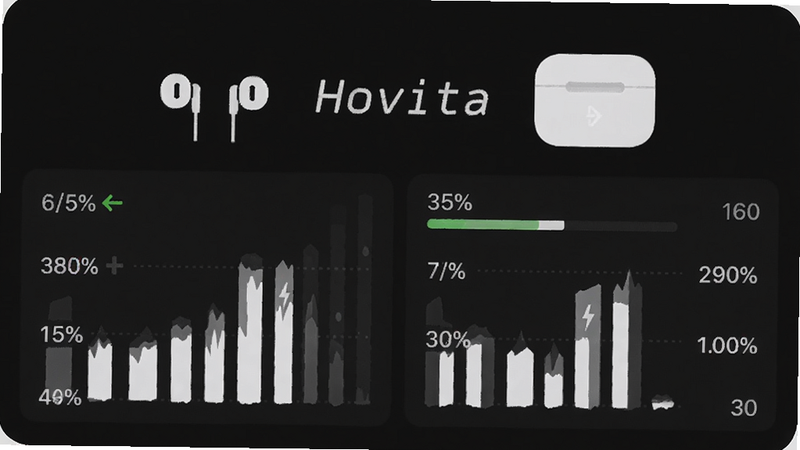 Hovita电量管理界面,屏幕上方有耳机和充电盒的图标,下方显示各部件电量百分比和柱状图,背景为深色,字体白色,布局规整,干净专业