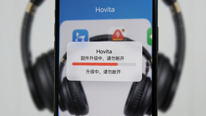 一部手机上显示Hovita应用出现弹窗提示“固件升级中,请勿断开”,背景是模糊的耳机图案,弹窗有进度条和提示文字,整体风格警示感强,画质清晰,干净无多余元素