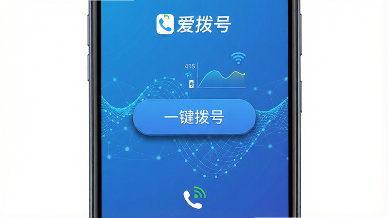 主体:一部安卓手机屏幕显示爱拨号主界面,界面中央有“一键拨号”按钮,背景为蓝色渐变网络波纹。布局:手机居中,屏幕内容清晰可见,按钮突出。排版:界面简洁,上方有“爱拨号”LOGO,下方有连接状态图标。风格:扁平化现代UI,明亮色调,干净无多余元素。细节:按钮阴影,数据流量曲线图,WiFi信号图标。画质:4K超清,写实渲染,完美呈现APP界面。