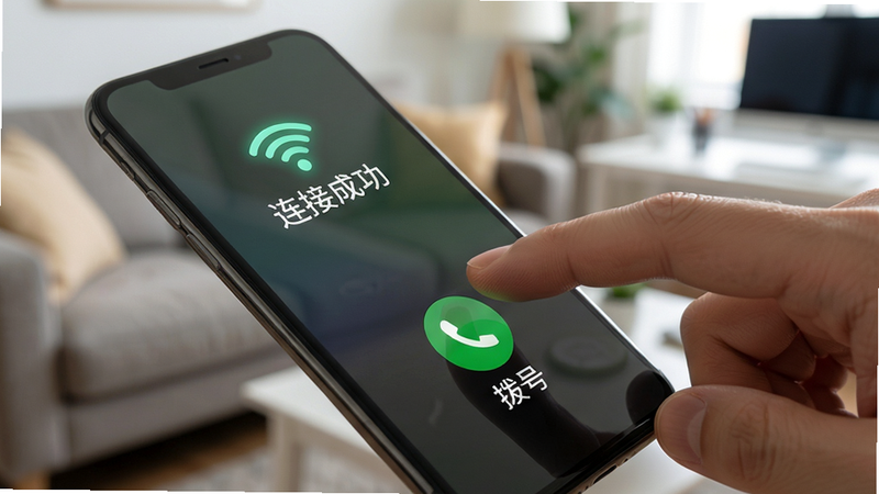 主体:一只手点击手机屏幕上的绿色“拨号”按钮,屏幕显示“连接成功”提示。布局:手机斜放,手从右侧伸入,背景是客厅或办公室场景。排版:按钮居中放大,字迹清晰。风格:写实生活场景,柔光照明。细节:手指指纹,屏幕反光,连接成功后的WiFi图标亮起。画质:高清细腻,无多余杂物。