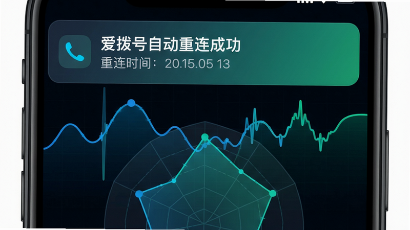 主体:手机通知栏显示“爱拨号自动重连成功”的横幅通知,背景是网络信号波动曲线图。布局:通知横幅位于屏幕上端,下方为半透明的网络雷达图。排版:文字左对齐,重连时间戳清晰。风格:科技感暗色主题,蓝绿渐变。细节:通知图标为拨号符号,信号波动线实时跳动。画质:高对比度,干净背景。