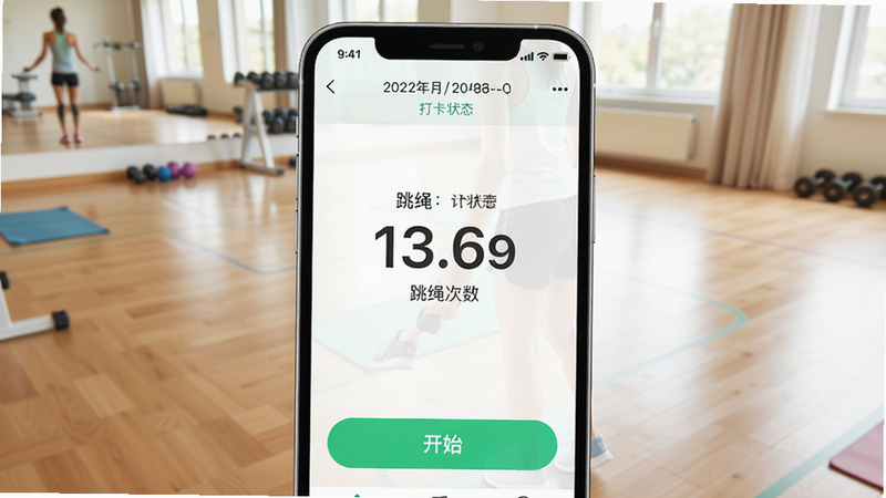 一张展示今日打卡跳绳APP主界面的手机竖屏截图,界面顶部显示日期和打卡状态,中间大数字显示跳绳次数,下方有