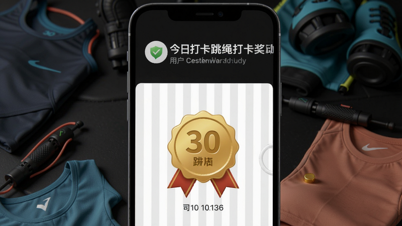 一张今日打卡跳绳打卡奖励界面截图,显示用户已连续打卡30天,获得金色徽章,背景为运动装备,风格简约时尚,画质细腻