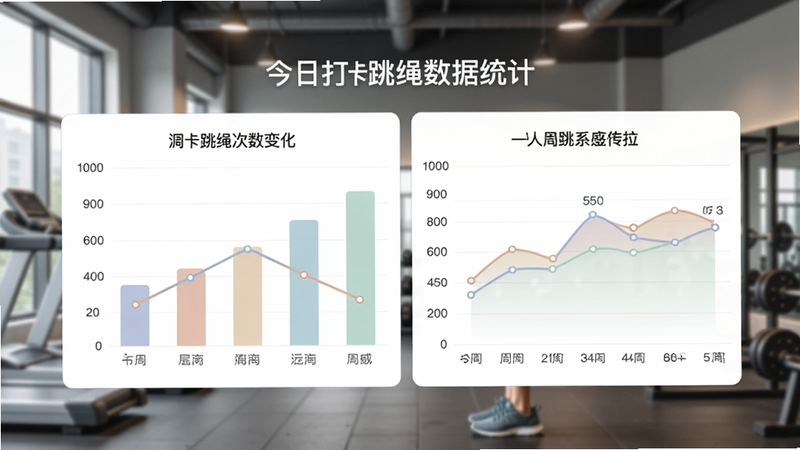 一张今日打卡跳绳数据统计图表界面,包含柱状图和折线图,显示近一周跳绳次数变化,配色柔和,背景为健身房,整体专业清晰,画质高