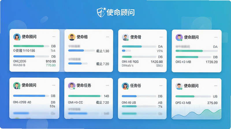 一张展示使命顾问主界面的截图,背景为渐变蓝色,中央显示用户创建的任务列表,每个任务卡片带有进度条和截止日期,顶部有“使命顾问”Logo,界面采用卡片式布局,风格扁平现代,色彩清新干净,画质高清,无多余元素。