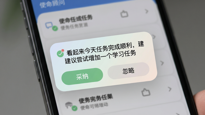 使命顾问个性化建议推送界面,手机屏幕弹出通知卡片,内容为“看起来今天任务完成顺利,建议尝试增加一个学习任务”,背景模糊的任务列表,风格干净,通知卡片带有圆角,配色柔和,卡片上有“采纳”和“忽略”按钮,画质高清。