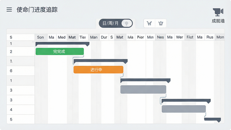 使命顾问进度追踪界面,显示甘特图视图,多个任务条按时间排列,绿色表示已完成,橙色进行中,灰色未开始,顶部有“日/周/月”切换按钮,右侧有“成就墙”图标,整体风格专业清晰,画质高清,背景为浅灰色,无多余元素。