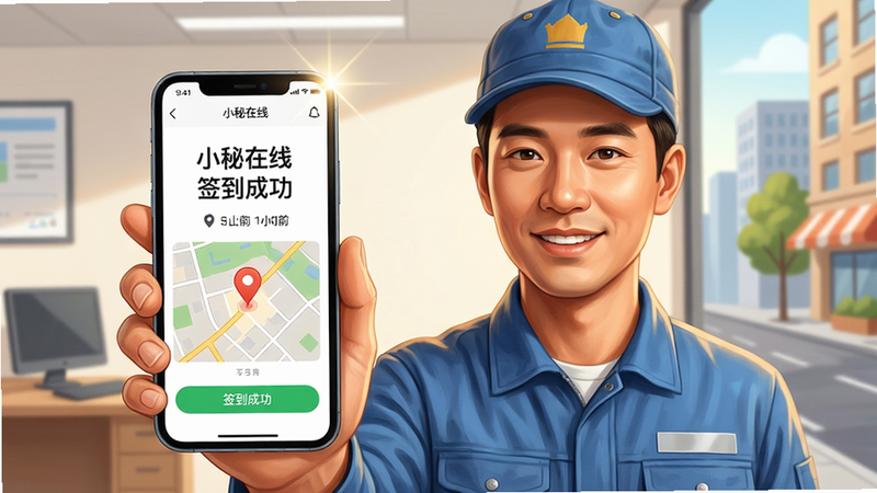 主体:一名身穿工装的外勤人员正拿着手机使用小秘在线APP进行定位签到,手机屏幕显示“签到成功”字样和地图上的打卡点标记;布局:人物居中稍偏左,手机屏幕清晰朝向镜头,背景为简洁的办公环境或户外街景;排版:手机屏幕内文字“小秘在线 签到成功”醒目,周围有简洁的UI元素如时间、定位图标;风格:写实插画风格,色彩明亮温暖,细节包括手机反射光、人物微笑表情;画质:高清,干净无多余元素,光影自然