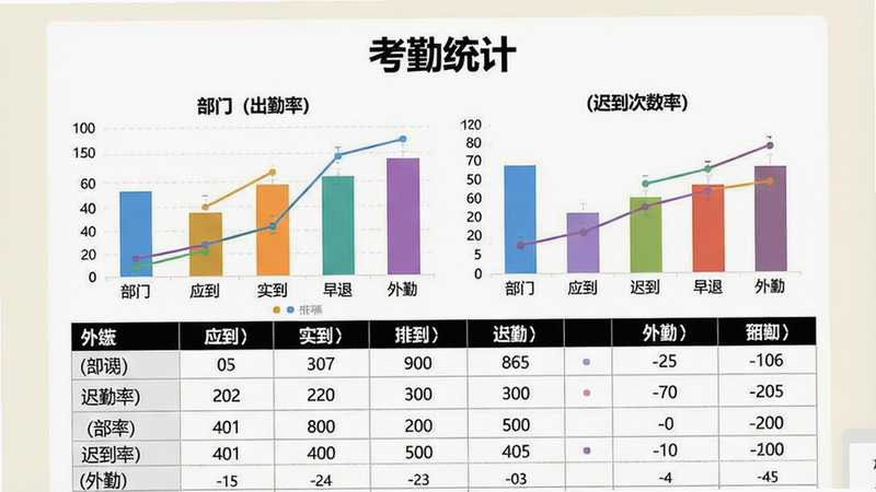 主体:一张考勤统计报表的预览图,包含柱状图和表格,显示各部门出勤率、迟到次数等;布局:报表居中,标题“考勤统计”在上方,下方为数据表格和图表;排版:表格列包括“部门、应到、实到、迟到、早退、外勤”,柱状图用不同颜色区分;风格:商务数据可视化风格,简洁专业,背景为浅色;画质:高清,干净,文字清晰可读